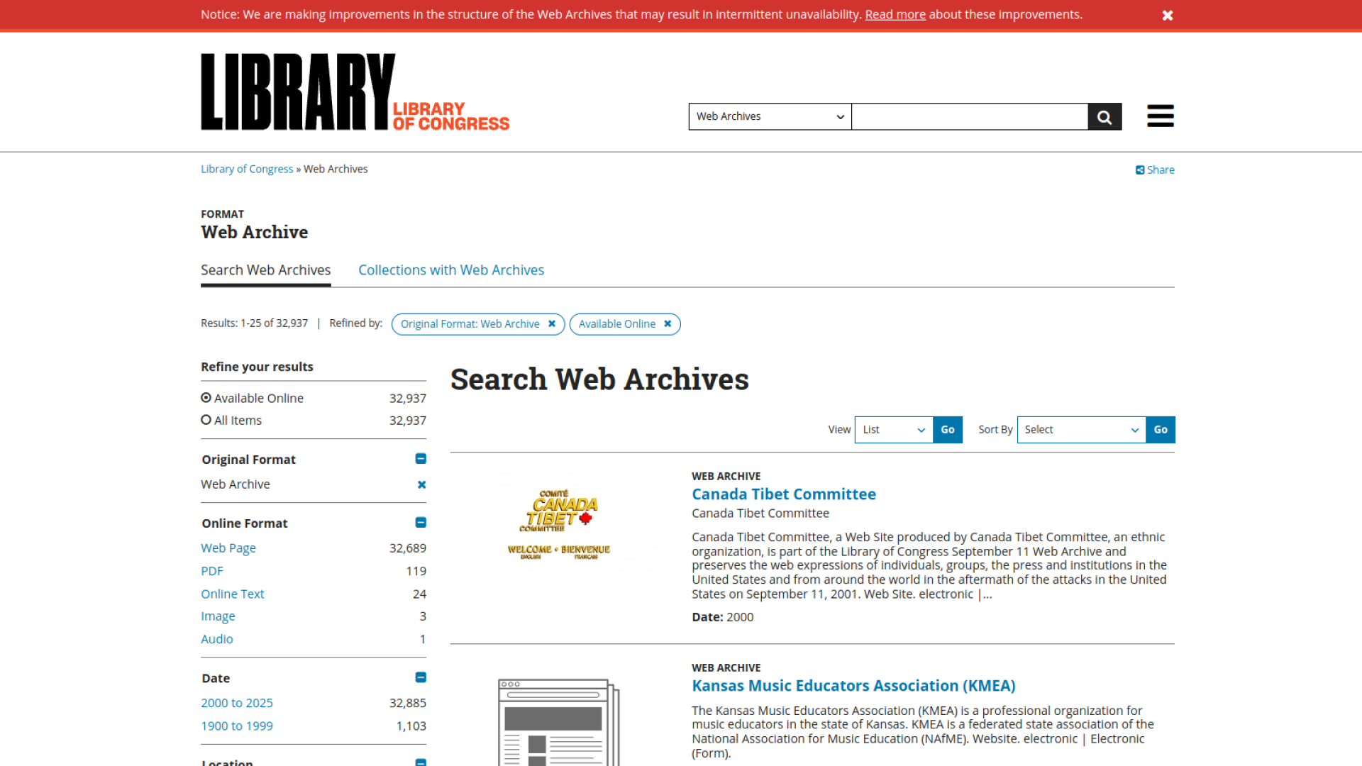 Library of Congress - ওয়েবসাইটের পুরানো ভার্সন দেখার আর্কাইভ