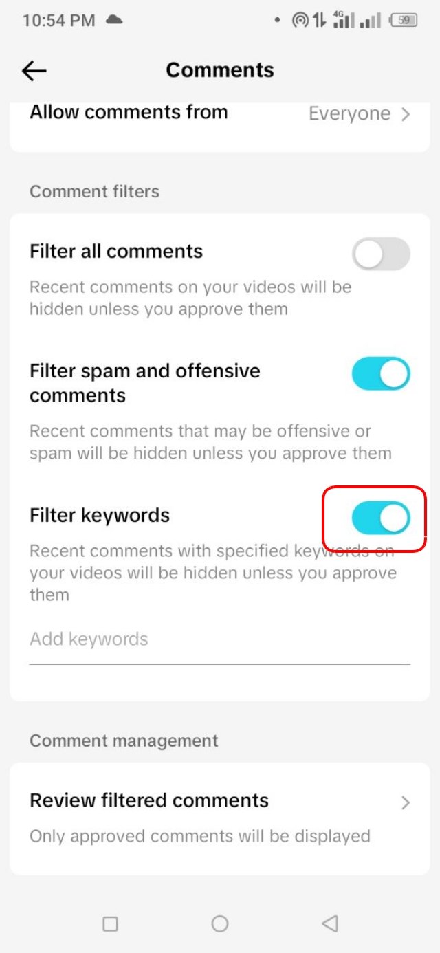 টিকটকের Filter keywords" এর অপশন চালু করা
