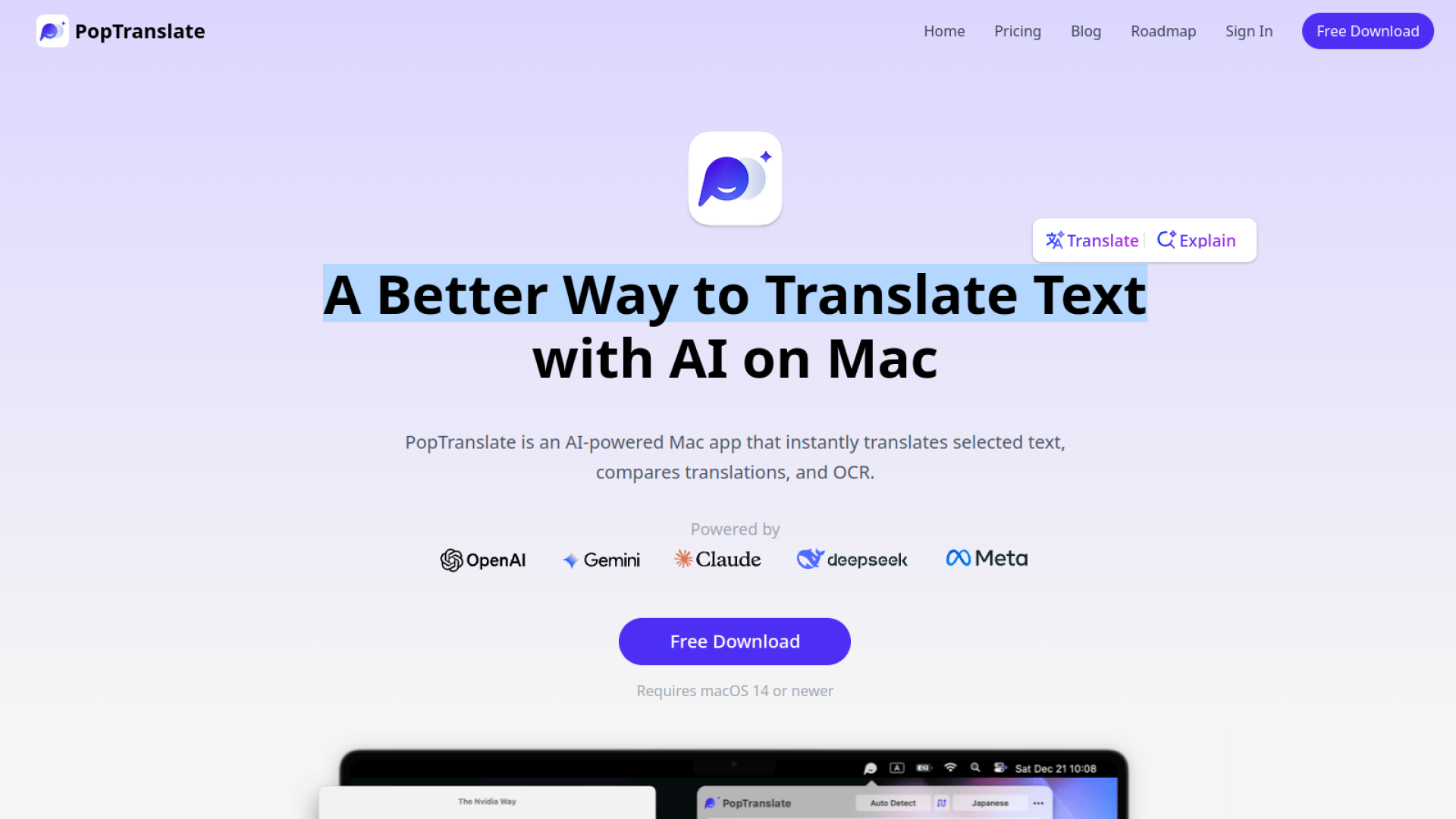 PopTranslate - AI দিয়ে Mac-এ টেক্সট অনুবাদ করুন ঝড়ের গতিতে! ভাষার বাধা আর নয়!