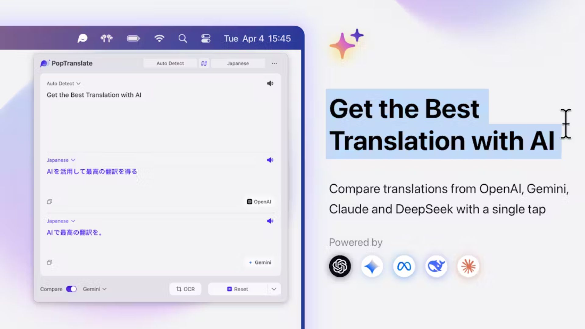 ডাউনলোড করুন PopTranslate - AI দিয়ে Mac-এ টেক্সট অনুবাদ করুন ঝড়ের গতিতে! ভাষার বাধা আর নয়!