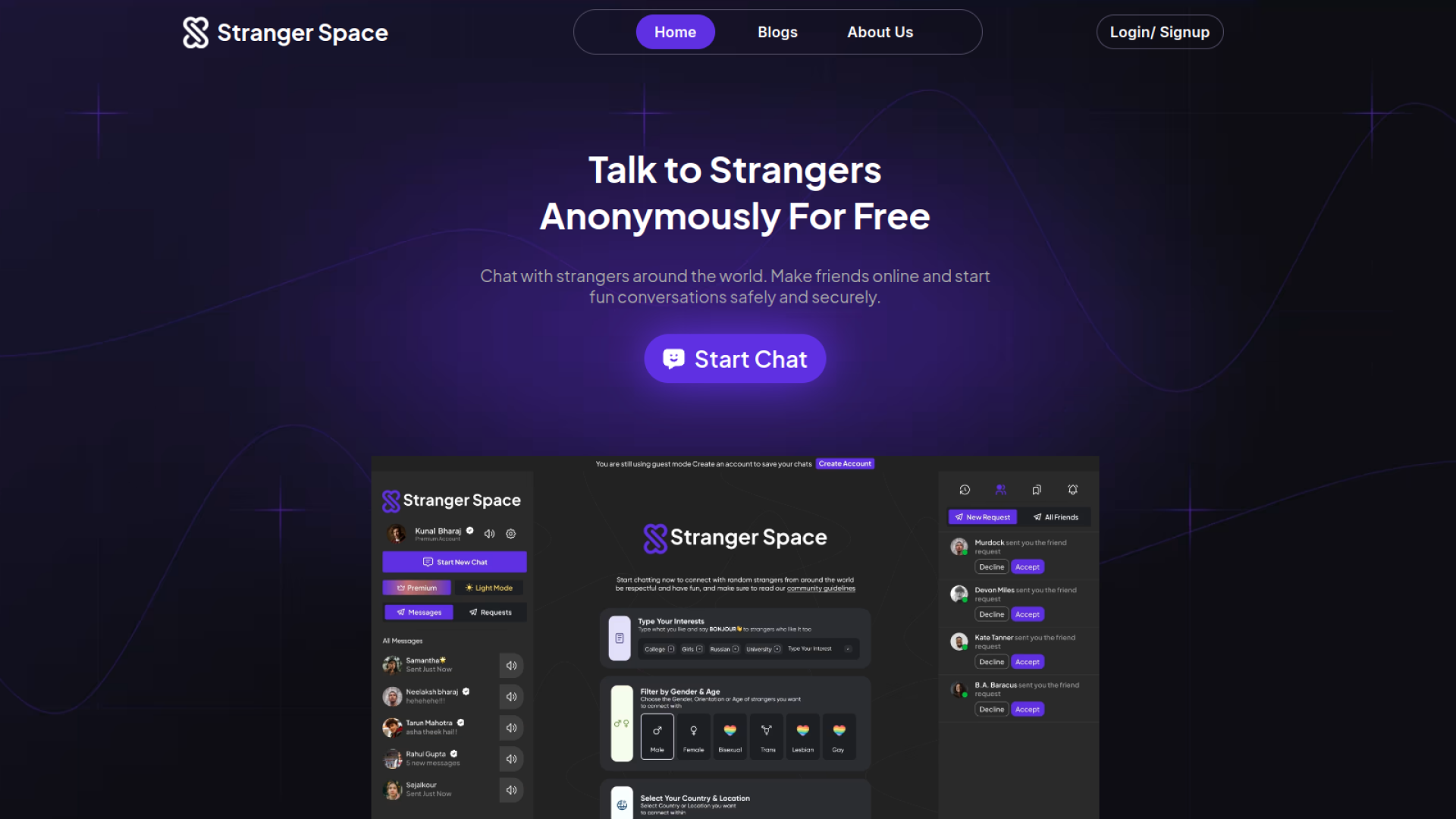 Stranger Space - Sign-Up ছাড়াই চ্যাট করুন সম্পূর্ণ পরিচয় গোপন রেখে Anonymously! তৈরি করুন নতুন বন্ধু আর মনের গভীরে জমে থাকা কথা বলুন প্রাণখুলে!