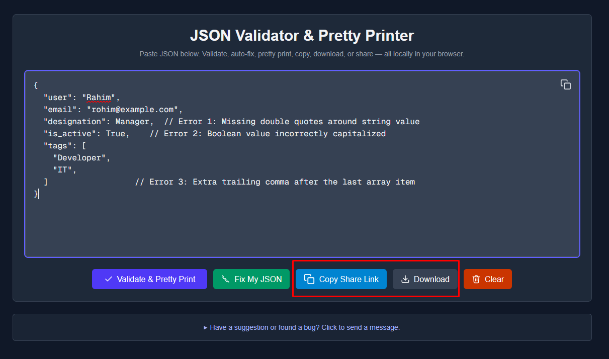 Formatted JSON File টি সরাসরি Copy