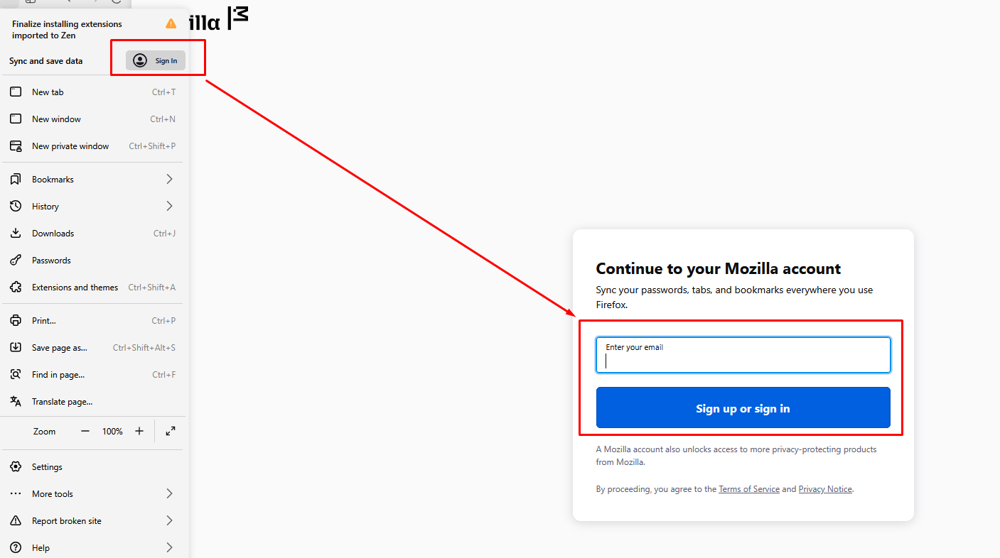 Mozilla Account এ Log In করার Option