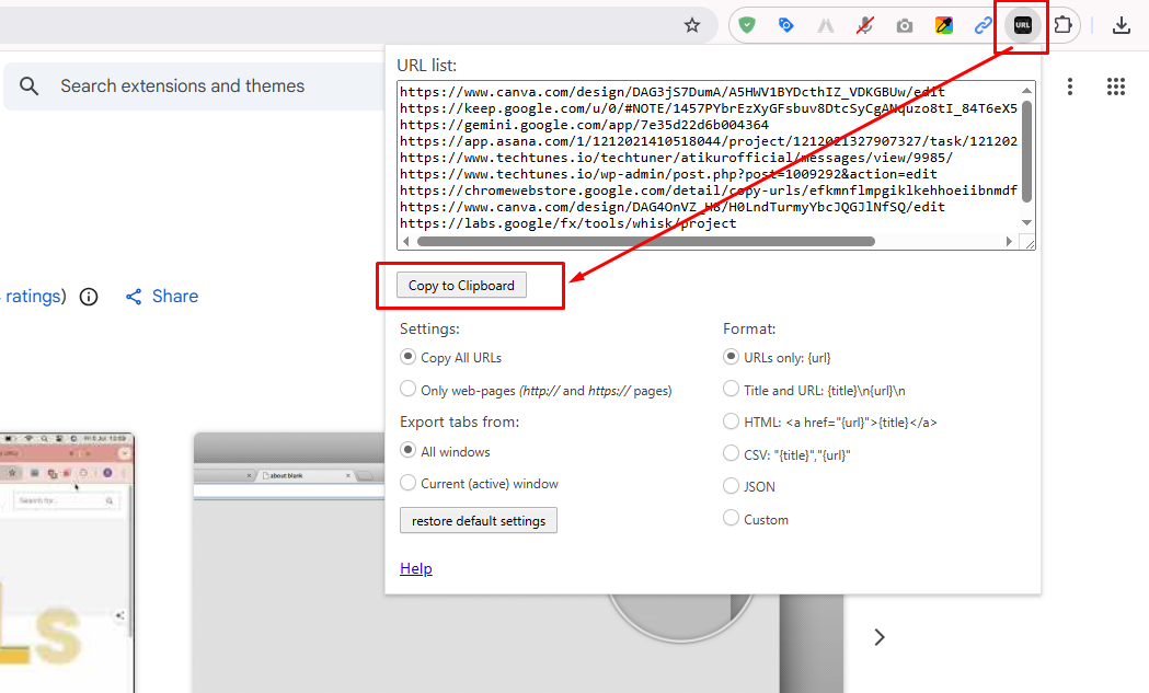 TOOLBAR এ Copy URLs এর BUTTON