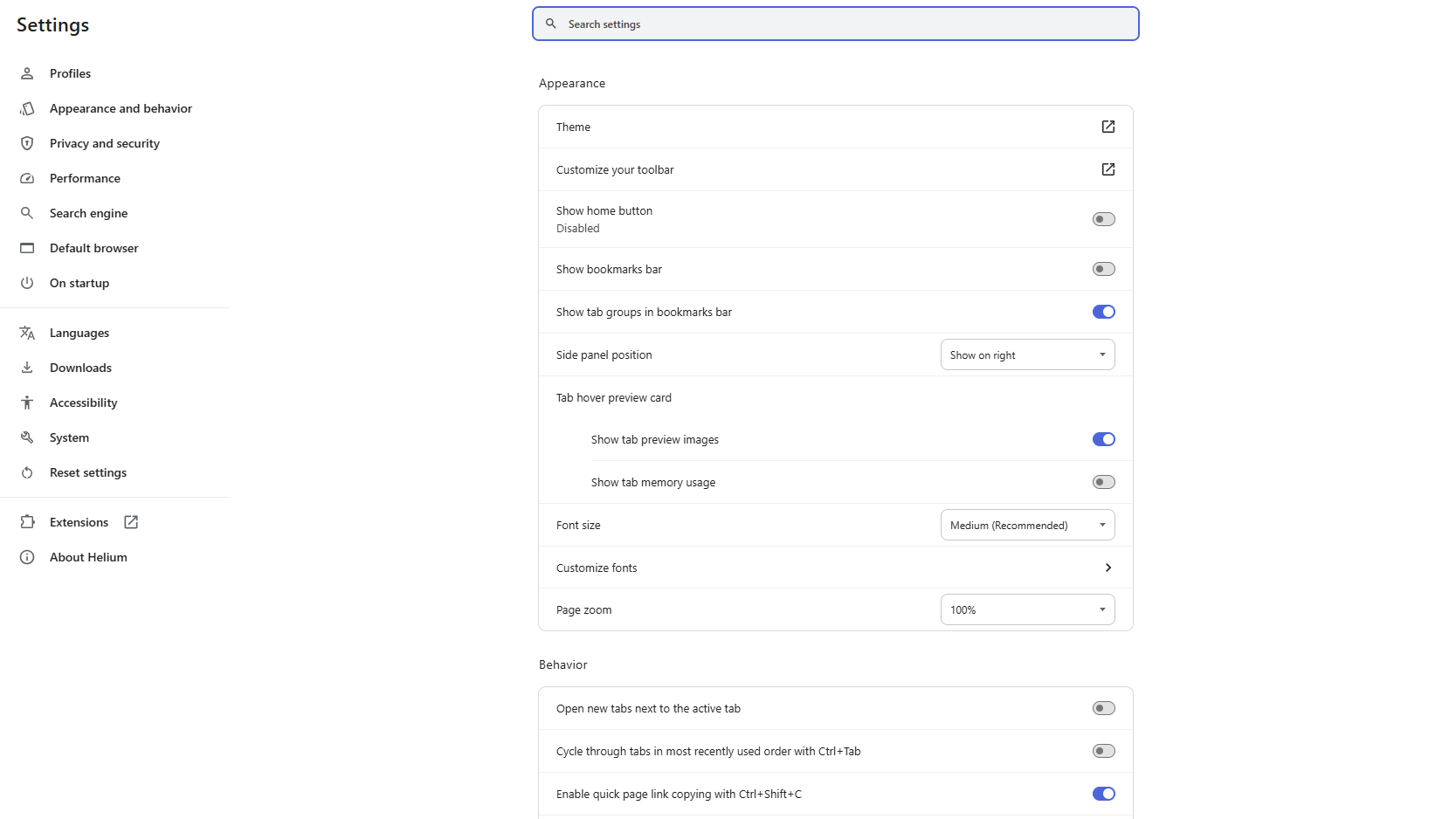 Helium Browser এর Settings option