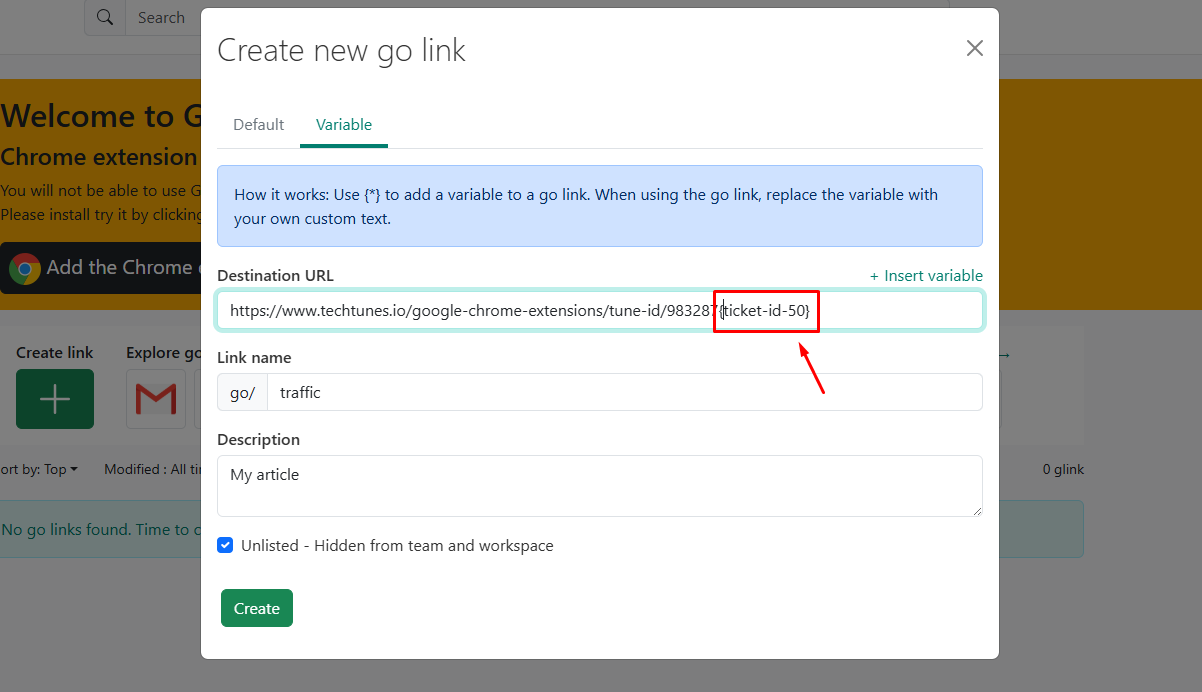 Target Link এ Variable টি Insert