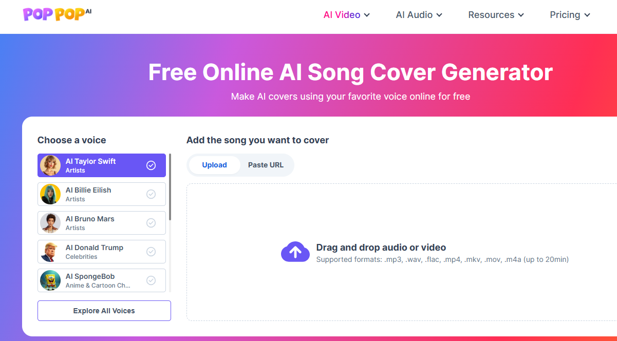 PopPop AI Song Cover Music Cover Service-এর ওয়েবসাইটে