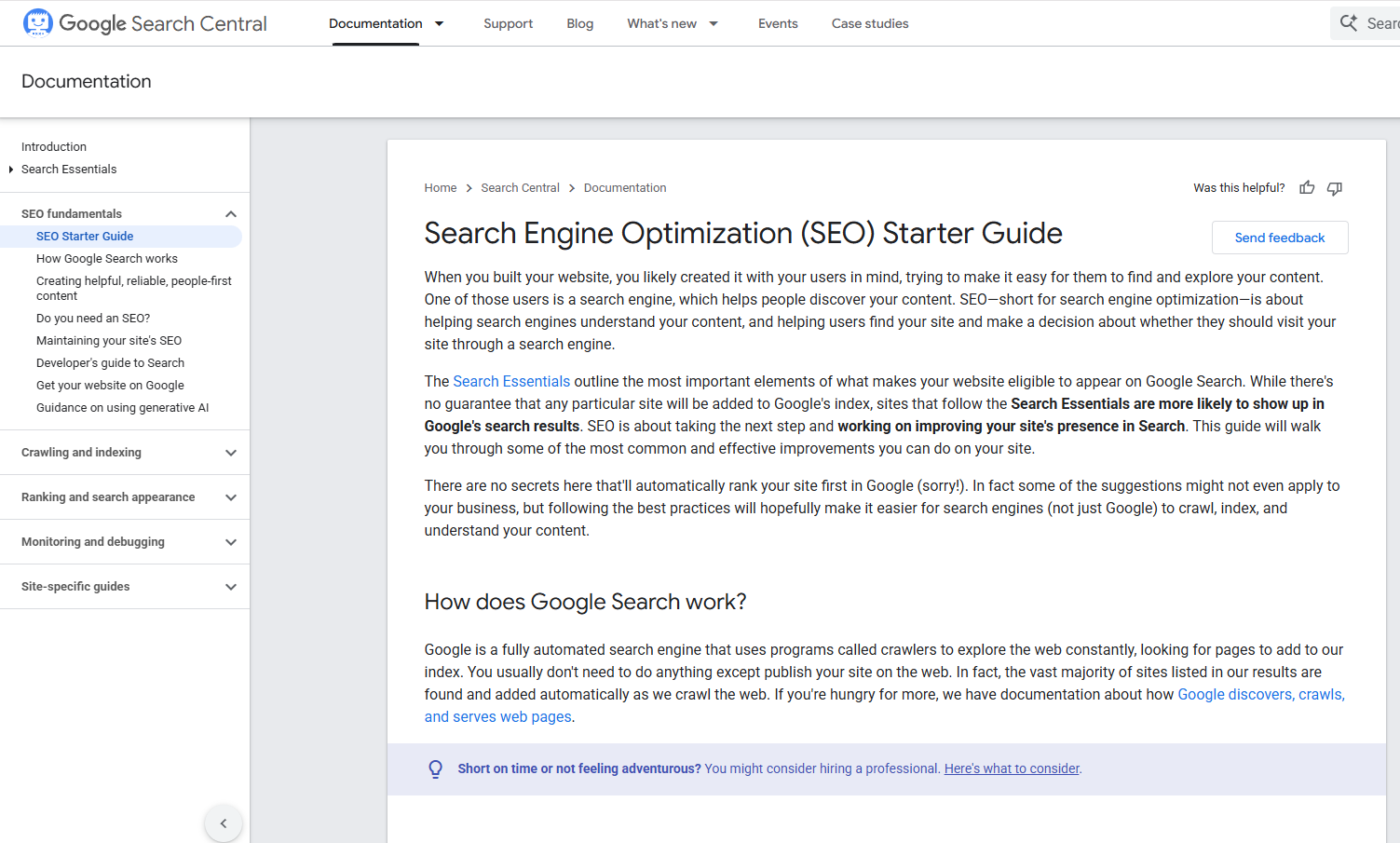 Google Search Central-এর documentation page