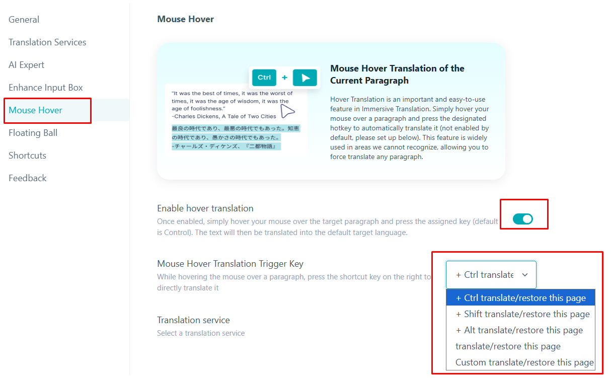 Mouse hover translate