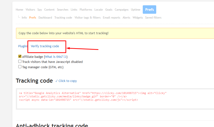 Clicky-তে গিয়ে Verification