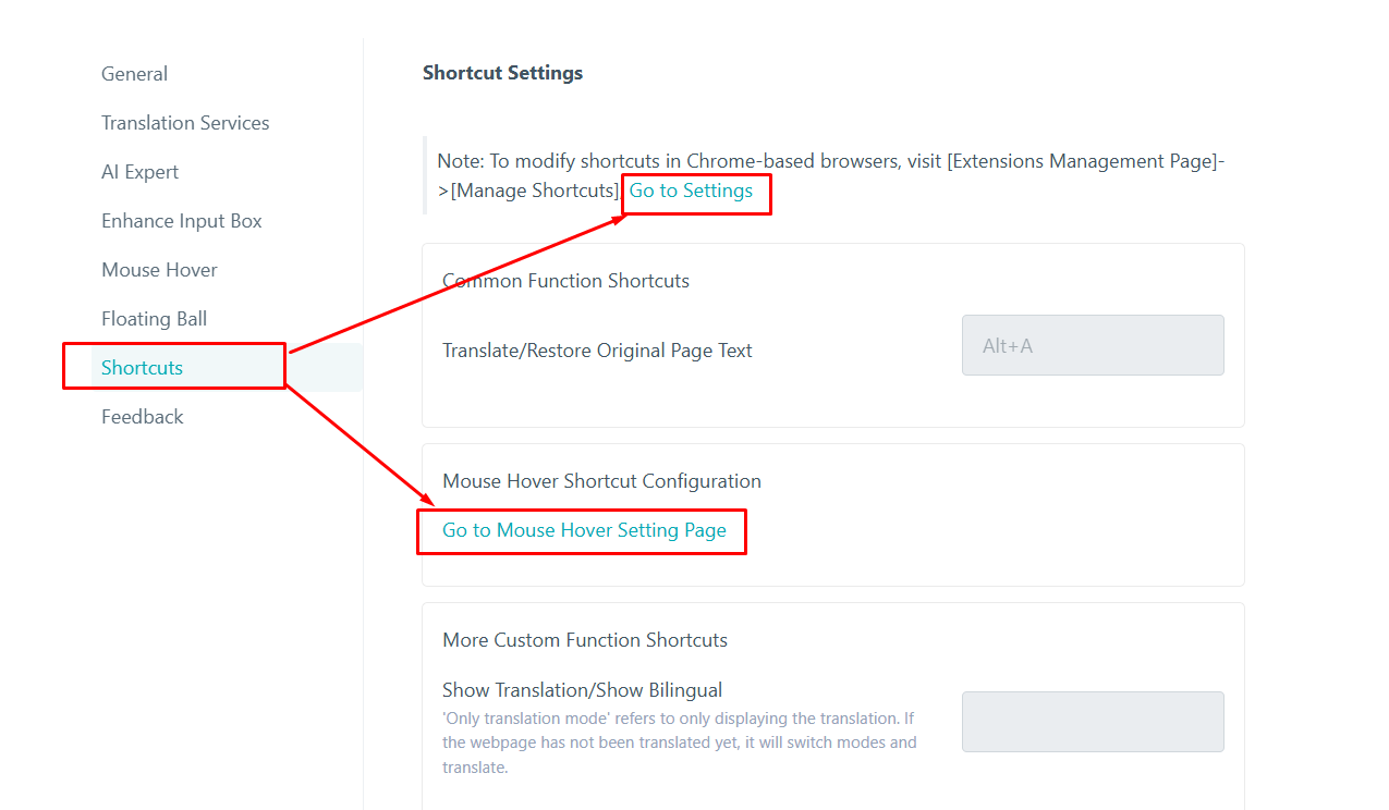 DeepTranslate-এর Keyboard Shortcut customize করার option