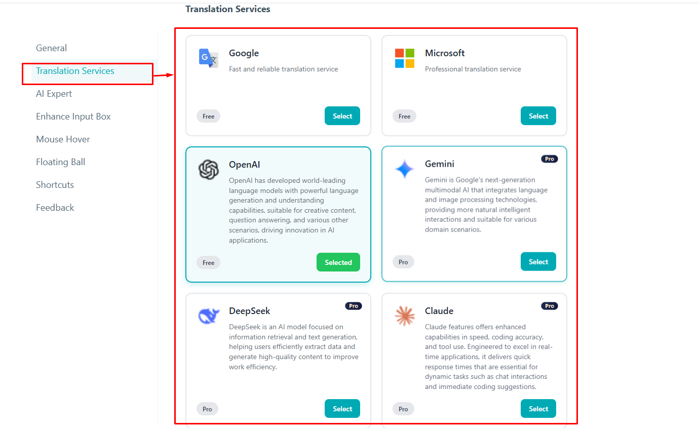 Translation Service-এর জন্য Model select