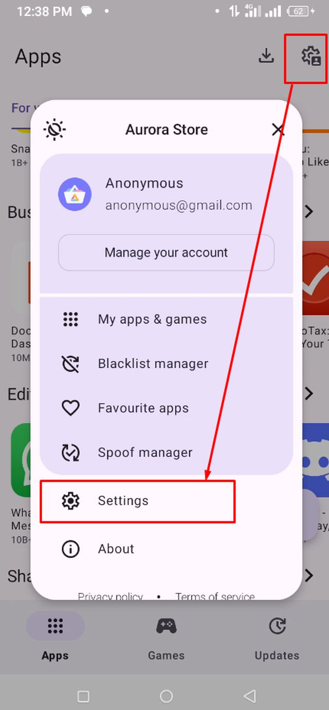 সেটিংস অপশনে প্রবেশ