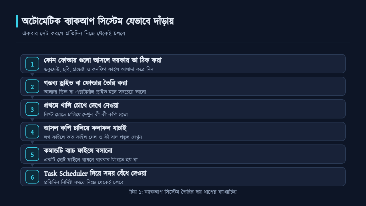 অটোমেটিক ব্যাকআপ সিস্টেম তৈরির ছয় ধাপের ব্যাখ্যাচিত্র