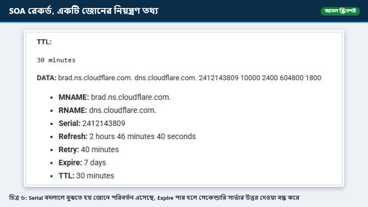 SOA রেকর্ডে সিরিয়াল, রিফ্রেশ, রিট্রাই ও এক্সপায়ার মান দেখানো স্ক্রিনশট