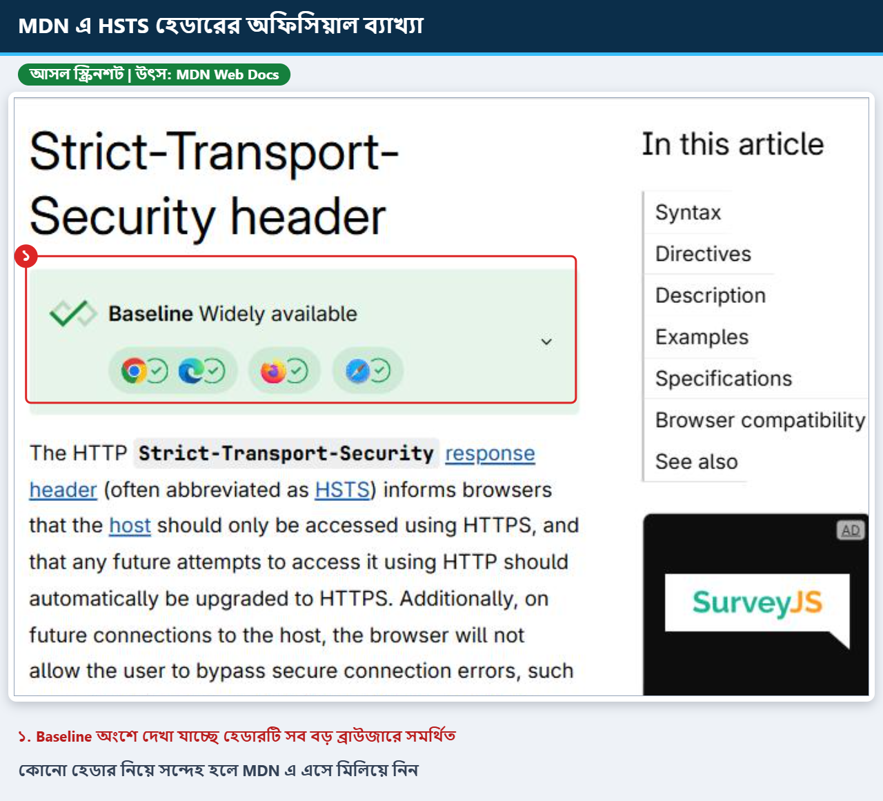 MDN Web Docs এ Strict-Transport-Security হেডারের ব্যাখ্যা ও Baseline সাপোর্ট চিহ্নিত করা আসল স্ক্রিনশট