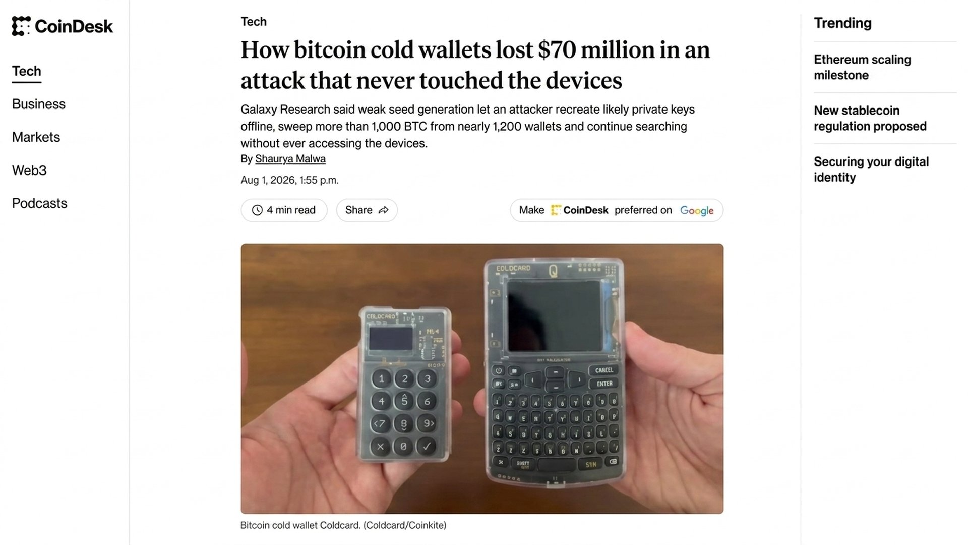 Coldcard Bitcoin Wallet-এ বিশাল Security Vulnerability! Firmware Error আর Broken RNG-র কারণে 1 ক্লিকেই Hack হচ্ছে Private Keys, গায়েব 594.48 BTC আর $38.3M, যা পুরো Crypto Market-এ যেন এক মহাবিপর্য!