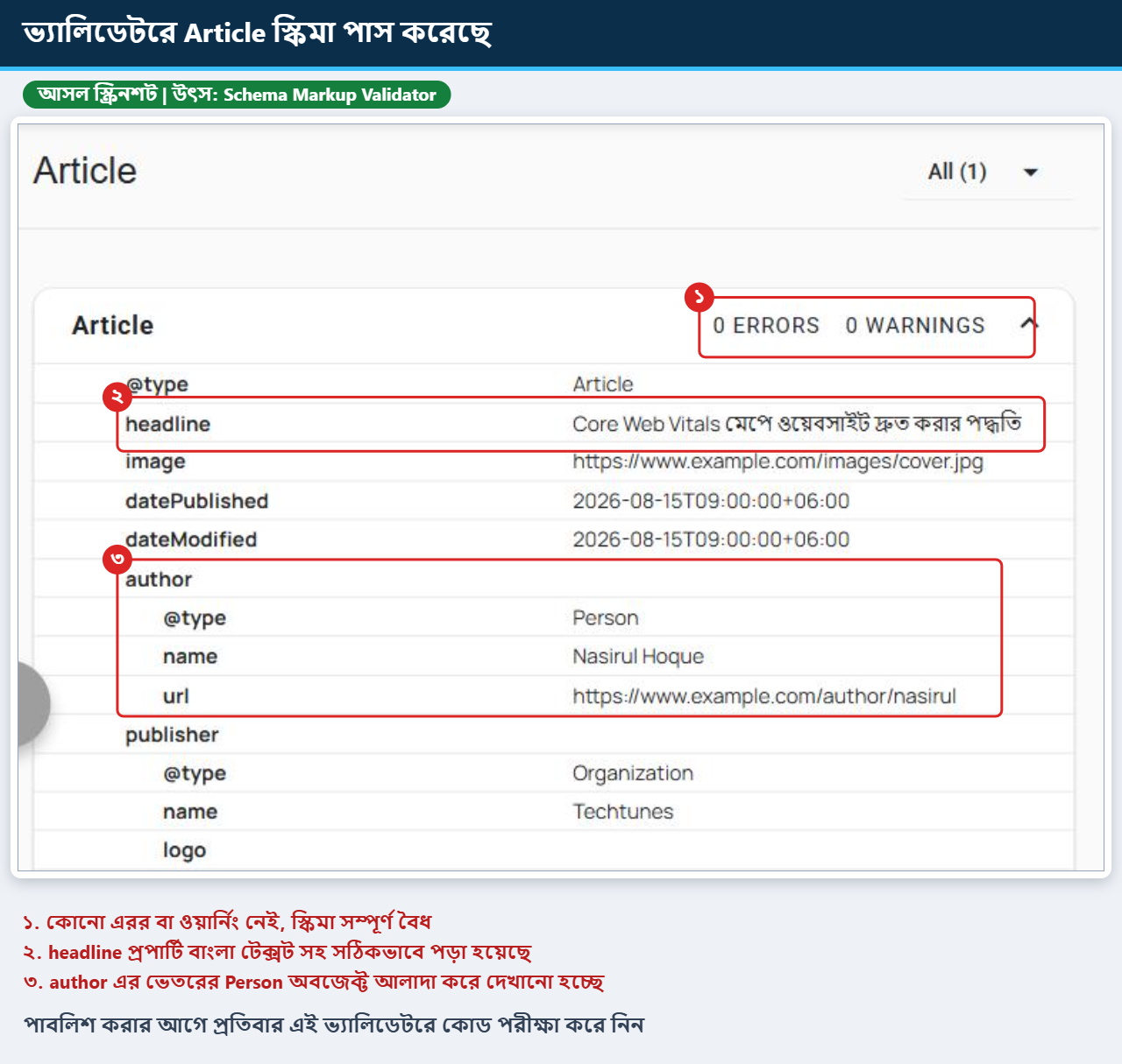 Schema Markup Validator এ Article স্কিমা শূন্য এরর ও শূন্য ওয়ার্নিং নিয়ে পাস করেছে এমন আসল স্ক্রিনশট