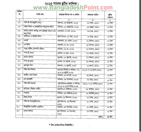 বাংলাদেশের ২০১৫ সালের সরকারি ছুটির তালিকা জেনে নিন।