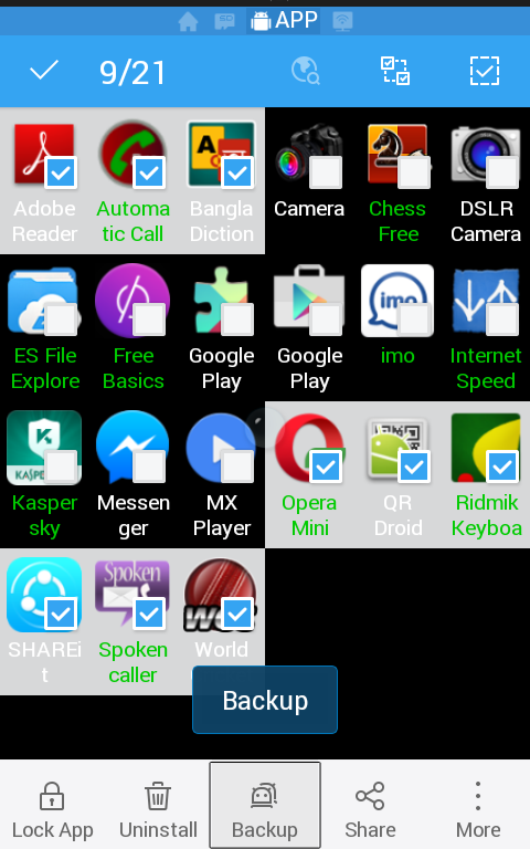 অ্যাপস সিলেক্ট করুন এবং ব্যাকআপ চাপুন