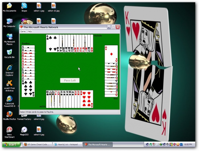 কম্পিউটারে windows XP এর সেরা ডিফল্ট গেম Hearts খেলুন প্রতিপক্ষের কার্ড show করে