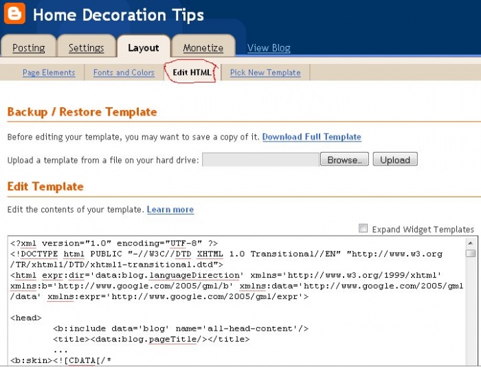 Click on 'Edit HTML' Tab