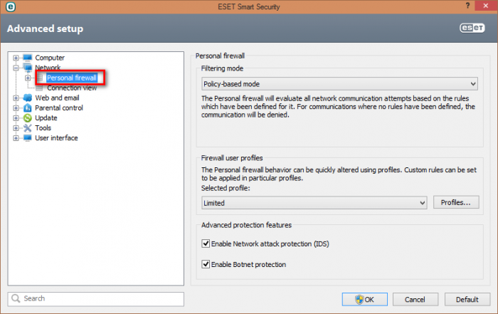 Network মেনুটি ওপেন করে Personal Firewall এ ক্লিক করুন