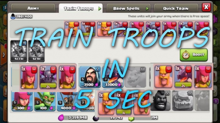 Clash of clans গেমের যে কোন ট্রুপ্স Train করুন মাএ ৫ সেকেন্ডে। P.E.K.K.A. GOLEM. LAVA HOUND সকল ট্রুপ্স নামান মাএ ৫ সেকেন্ডে!! এবার দিনে ইচ্ছা মত Attak দিন। ভিডিও টিউটোরিয়াল