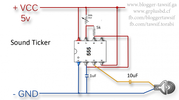 555 Timer IC: প্রোজেক্ট:: ৪ :: টিক টিক সাউন্ড জেনারেটর